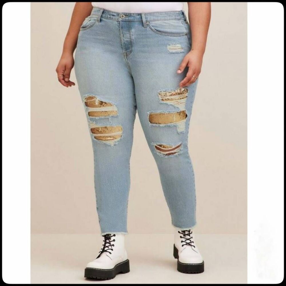 TORRID High Rise Straight Vintage Light Mid-Rise Gold Sequin Backed Jeans 18R